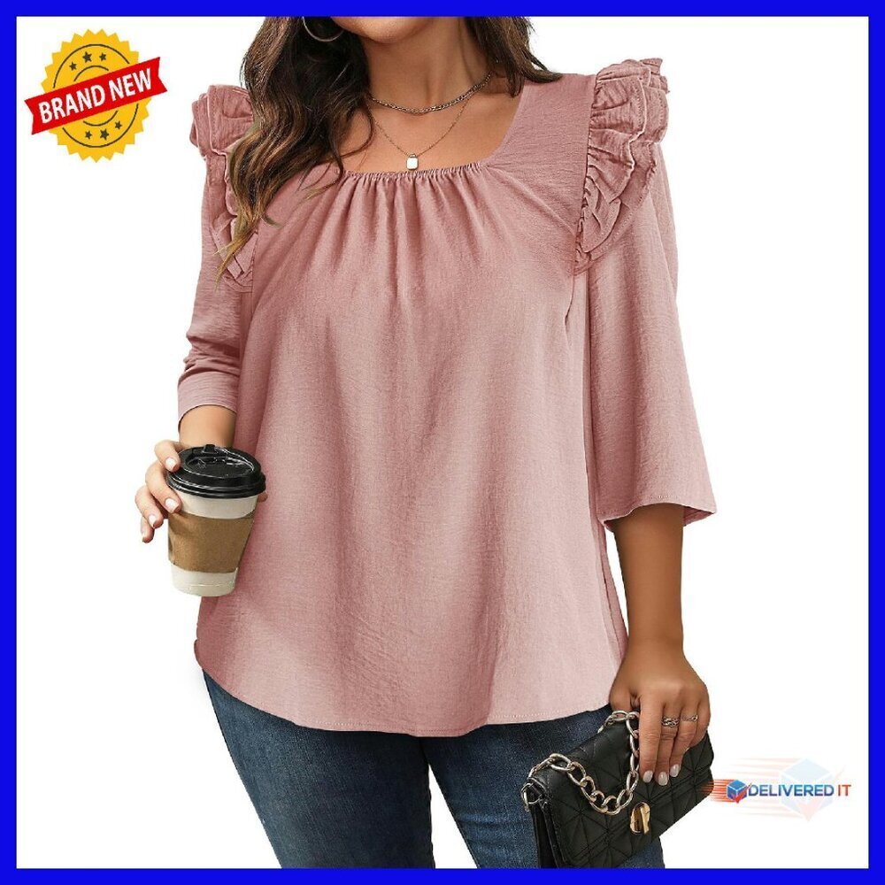 Plus Size Chiffon Blouse Ruffle 3/4 Sleeve Backless Tie Square Neck